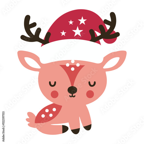 A deer head with a Santa hat on white background