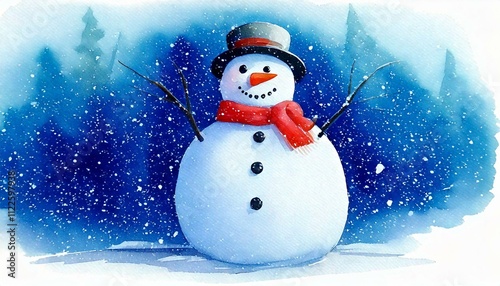 Snowman on snow. Watercolor snowman. Christma card with snowman. Falling snow.