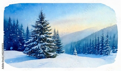 Christmas tree in snow. Christmas card with Christmas tree, snow, mountains. Watercolor winter landscape.