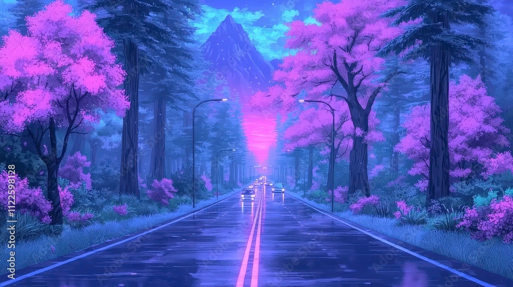 Fototapeta premium Dreamy Night Highway Purple Trees Mountain Cars Long Exposure