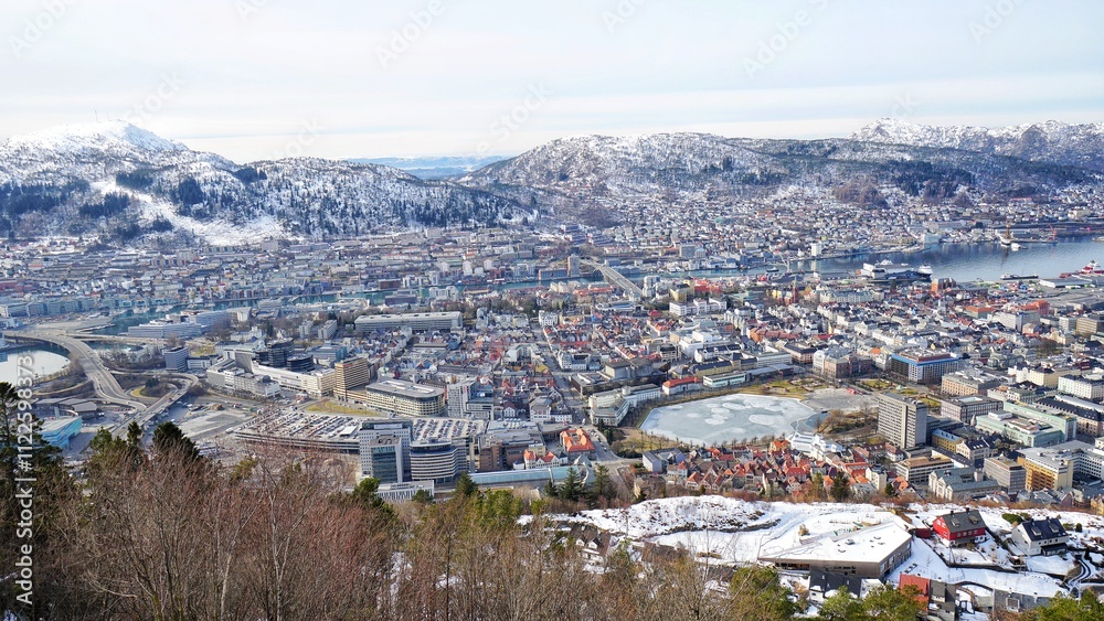 Beautiful city with snow mountain background at Bergen, Norway.