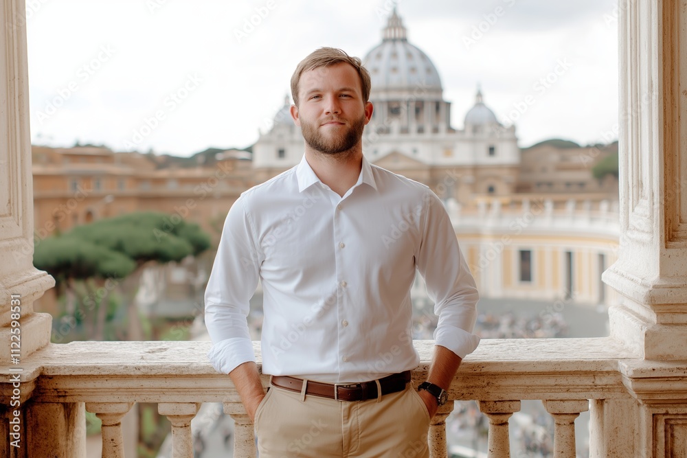 Fototapeta premium A confident young man stands in front of St. Peters Basilica, showcasing the breathtaking architecture. The view captures the essence of Rome's rich history and culture.