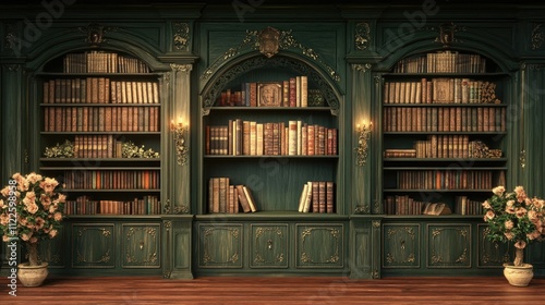 Classic wooden library with books. Education and study. Many books in an old vintage cabinet photo