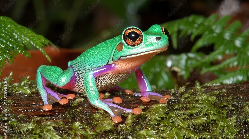Obraz premium Vibrant Green Tree Frog on Mossy Log in Lush Rainforest