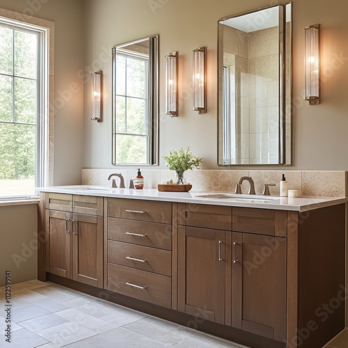 Spacious bathroom with sinks for men and women.