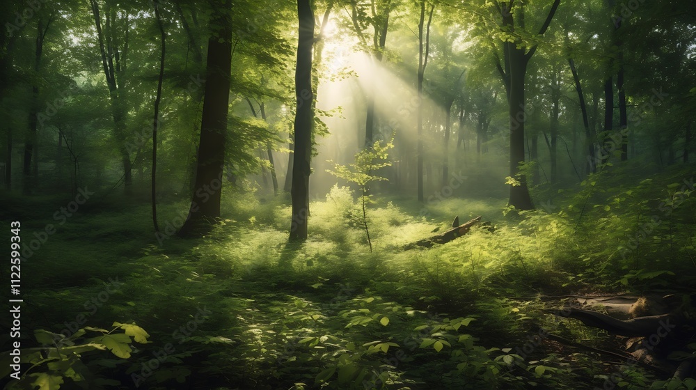Fototapeta premium Sunbeams Illuminate Misty Green Forest Scene