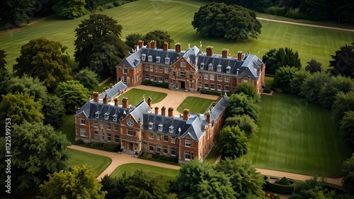 Aerial View of Sandringham House in Norfolk Surrounded by Lush Green Landscapes and Beautiful Gardens Capturing the Essence of English Heritage and Architecture 