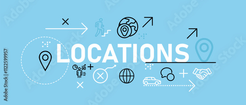 Locations business store location map pointer marker pin symbol web header illustration concept with icon flat bright blue color