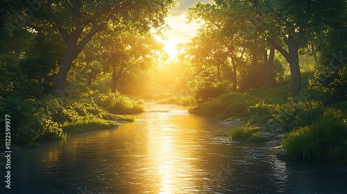 Tranquil river sunrise nature photography of a forest view