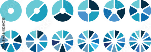 Pie chart set, segmented circle icons, circle diagram. Pie chart divided 1,2,3,4,5,6,7,8,9,10,11,12 equal parts. Infographic wheel segment or section parts. Flat process cycle.  Vector illustration	
