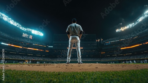 Low angle shot back view of baseball pitcher standing on the pitcher's mound at night in baseball stadium photo