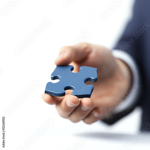 Hand holding a blue puzzle piece against a white background.