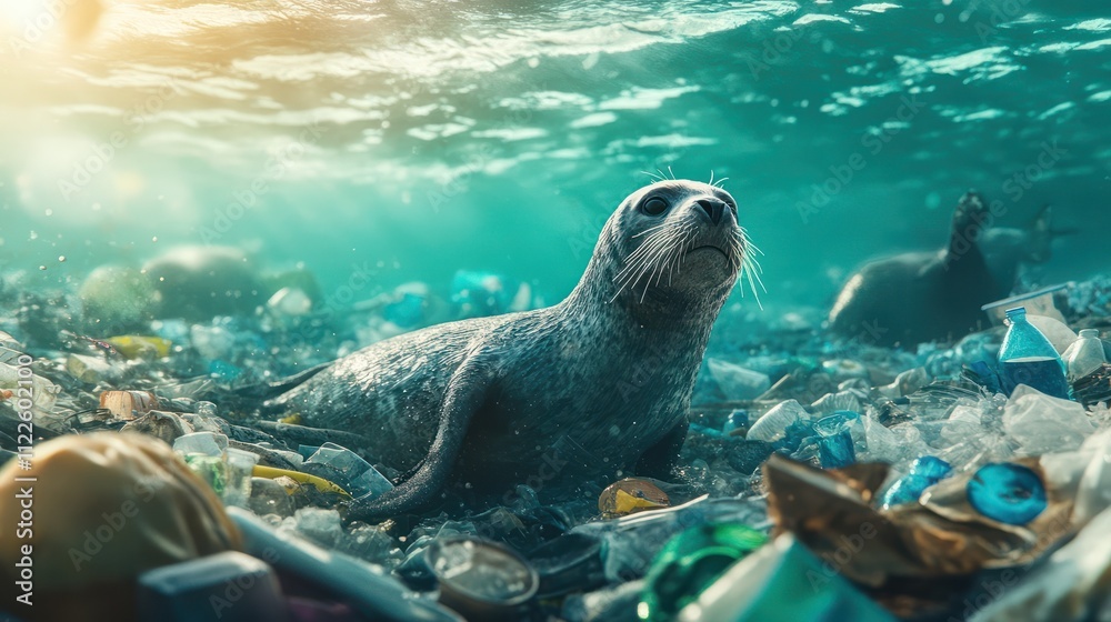 Fototapeta premium Seal swimming among plastic waste and debris in polluted water. Ocean pollution and environmental impact concept. Marine life conservation and wildlife protection. Generative AI