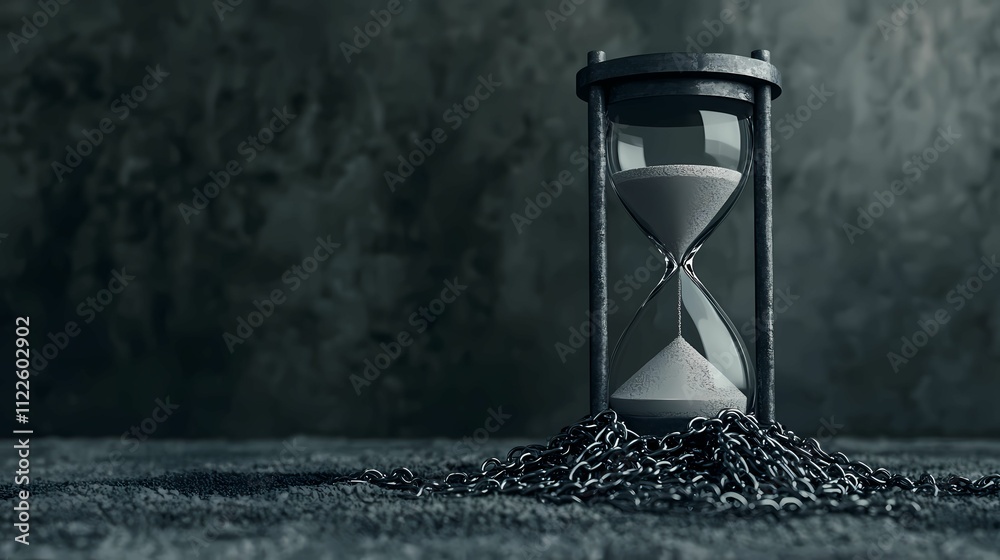 Naklejka premium A dark, moody hourglass rests on a textured surface, surrounded by chains, symbolizing the passage of time and constraint.
