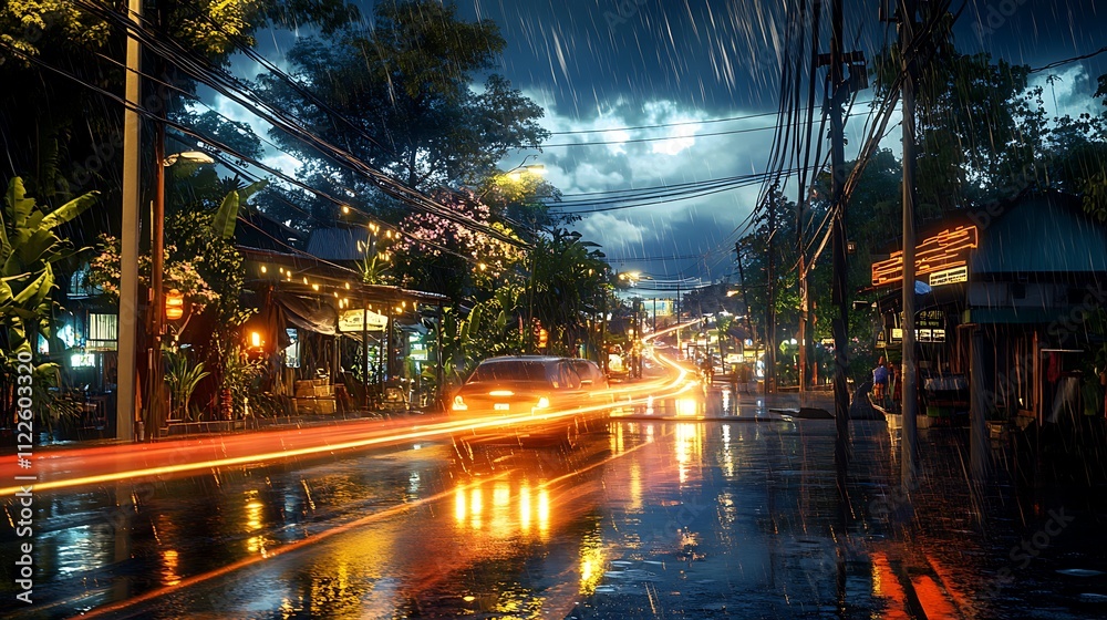Naklejka premium Rainy night drive through vibrant city streets urban landscape dynamic