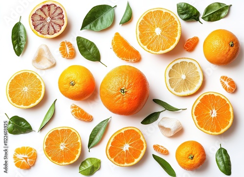 Oranges, mandarins, and lemons arranged on white background