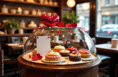 Glass display case with cakes and mockup for the menu. High quality photo