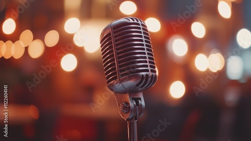 Close up of a vintage microphone with a blurry restaurant on the background and abstract lights.