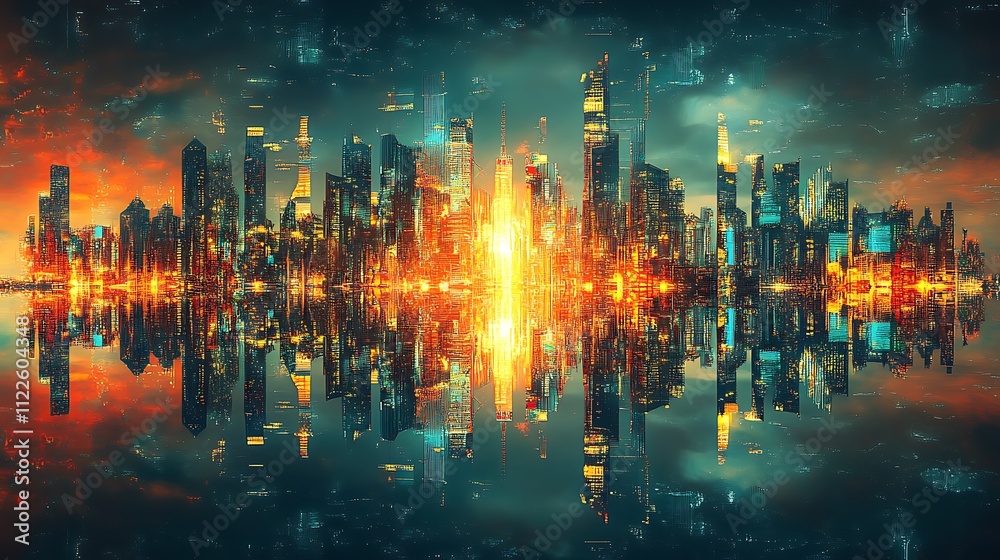 Obraz premium Futuristic aerial view urban sunset reflection over city skyline