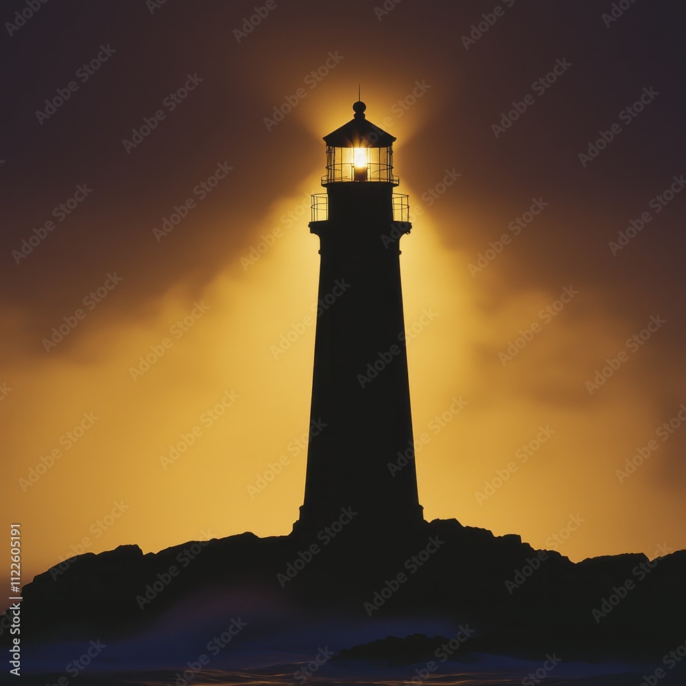silhouette outline moody concept. A silhouetted lighthouse stands tall against a dramatic sunset, illuminating the dark sky and surrounding waters. silhouette outline moody concept. A silhouetted lighthouse stands tall against a dramatic sunset, illuminating the dark sky and surrounding waters.