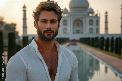 A handsome man poses in front of the Taj Mahal, a stunning symbol of love in Indi. The serene reflection in the water captures the beauty of this iconic landmark. photo