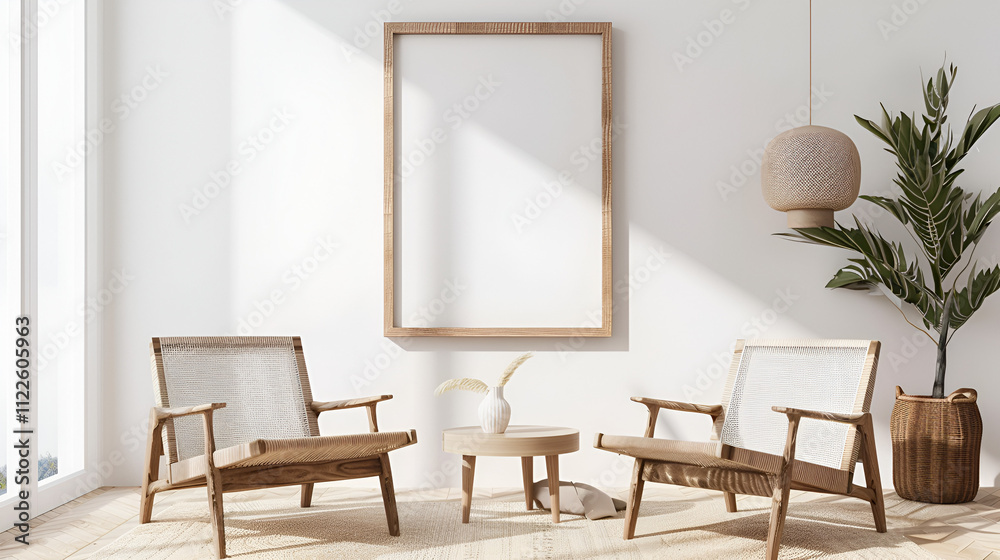Fototapeta premium Living room in nordic boho style 3D render of luxurious airport lounge area Stylish Living Room and Bedroom with Empty Picture Frames, Generative AI