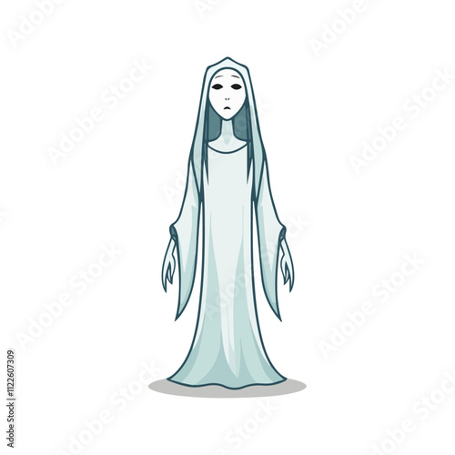 Banshee Flat Vector Illustration, Simple Stylized Design, Pale White Body, Flowing Robes, Minimalist Look, Clean Lines, White Background