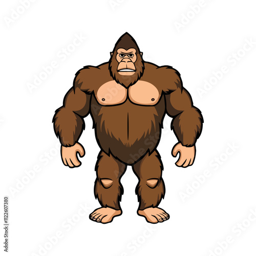 Bigfoot Flat Vector Illustration, Simple Stylized Design, Brown Fur, Broad Body, Exaggerated Features, Minimalist Look, Clean Lines, White Background photo