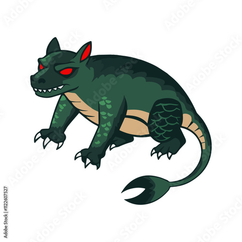 Chupacabra Flat Vector Illustration, Reptilian Features, Greenish Scales, Red Eyes, Sharp Claws, Minimalist Look, Clean Lines, White Background