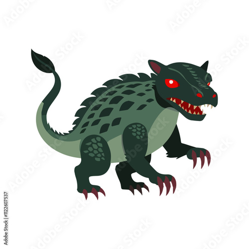Chupacabra Flat Vector Illustration, Reptilian Features, Greenish Scales, Red Eyes, Sharp Claws, Minimalist Look, Clean Lines, White Background
