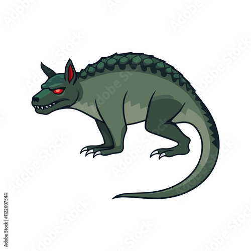 Chupacabra Flat Vector Illustration, Reptilian Features, Greenish Scales, Red Eyes, Sharp Claws, Minimalist Look, Clean Lines, White Background