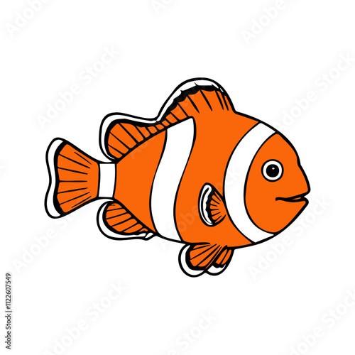 Flat illustration of a clownfish with bright orange body, white stripes, compact shape, minimalistic design, clean background