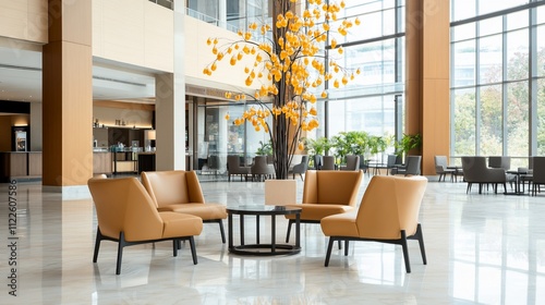 Modern lobby with stylish seating and decorative tree centerpiece.