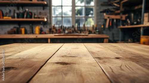 Closeup of an empty wooden table in a carpentry workshop with a blurred background of shelves tools and a large window