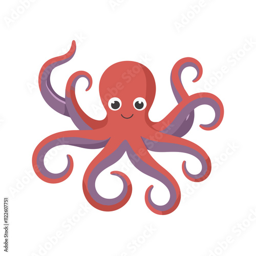 Flat vector illustration of a Giant Pacific octopus with eight smooth, stylized tentacles, red and purple tones, simple design, plain white background