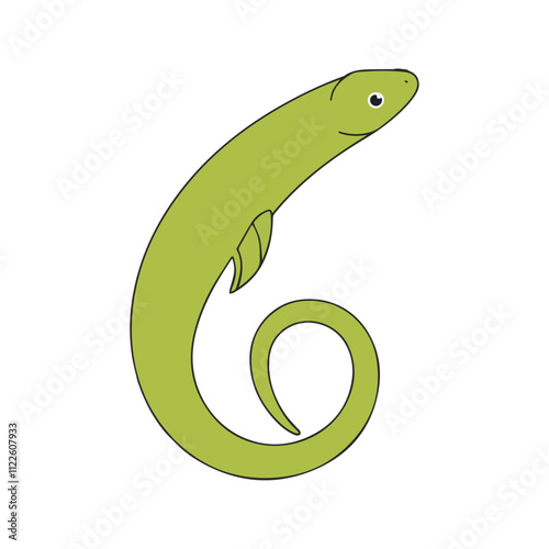 Flat illustration of a green eel with elongated body, sleek curve, minimalistic design, smooth lines, clean background