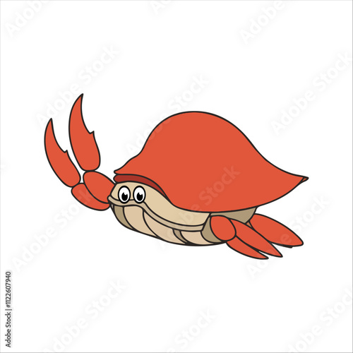 Hermit Crab Flat Vector Illustration, Simple Stylized Design, Orange-Red Body, Large Claws, Minimalist Look, Clean Lines, White Background