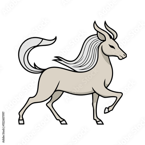 Kirin Flat Vector Illustration, Slender Body, Flowing Mane and Tail, Graceful Antlers, Stylized Design, Clean Lines, White Background