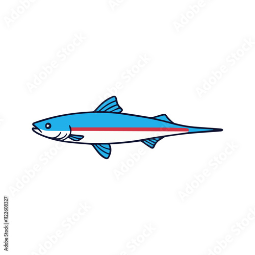 Flat illustration of a neon tetra with bright blue body and red stripe, sleek fins, minimalistic design, clean background, modern aesthetic