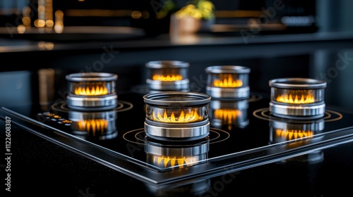 Modern Black Induction Stovetop with Multiple Burners  Illuminated Flames  Kitchen Applian photo