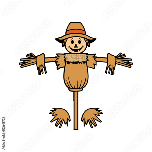 Scarecrow Flat Vector Illustration, Straw Figure, Tattered Clothing, Stylized Design