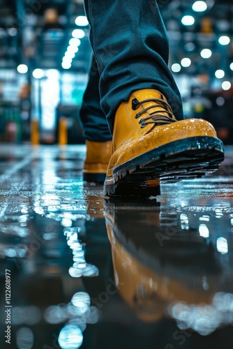 A close-up of steel-toe boots walking across a wet factory floor, reflecting overhead safety lighting photo