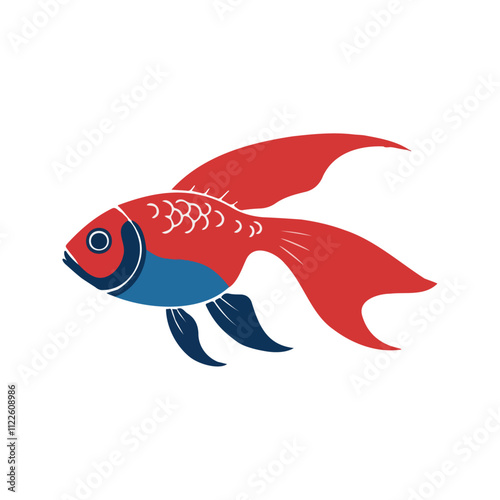 Flat illustration of a Siamese fighting fish with flowing fins, vibrant red and blue colors, compact body, minimalistic design, clean background