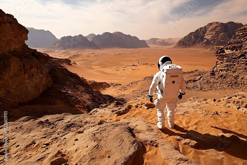 A man in an astronaut suit walks on the surface of Mars. The background features desert mountains and rocks, and the picture has a strong sense of space