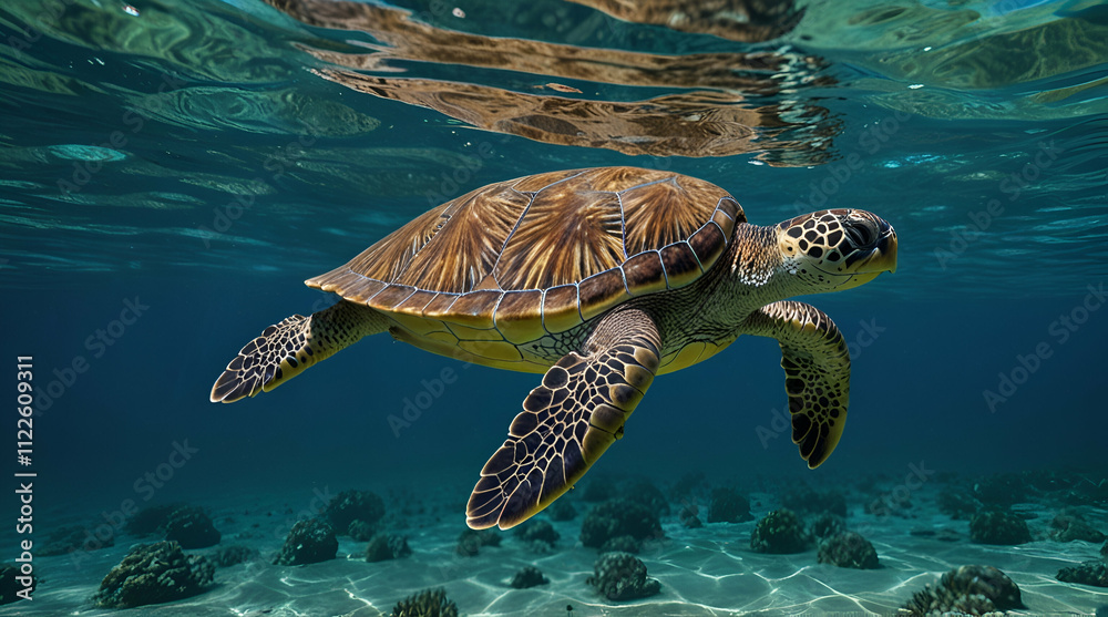 Fototapeta premium turtle swimming in water. Genrative.ai 