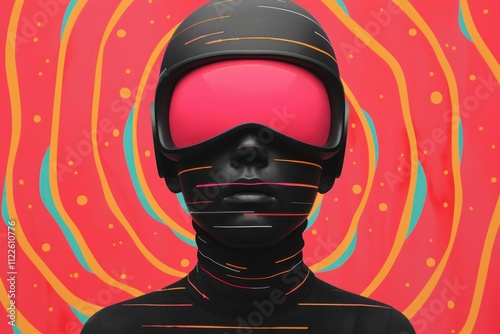 Black mannequin with a smooth surface and vibrant pink helmet on a bright swirling red and turquoise background, showcasing a futuristic concept and stylish design photo