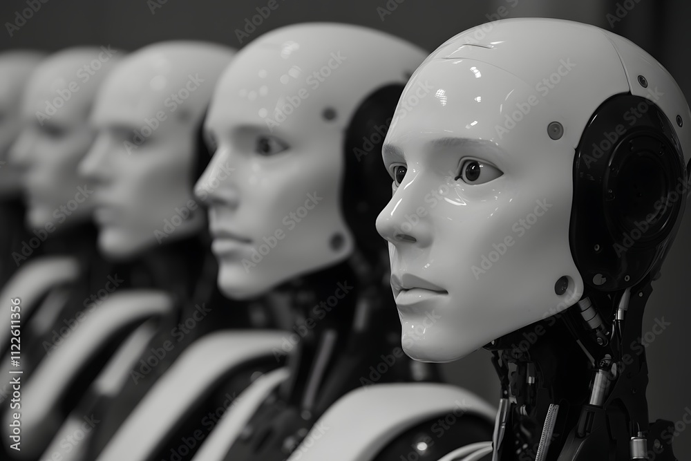 Black and white photograph of humanoid robots lined up in rows, all with the same design, displaying different expressions on their faces Black and white photograph of humanoid robots lined up in rows, all with the same design, displaying different expressions on their faces