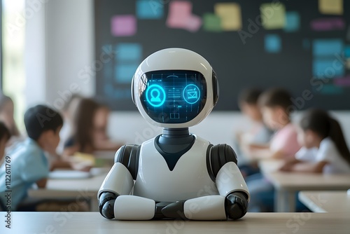 Photo of a humanoid robot teacher in a white blouse teaching students, with a classroom background. The face has large, glowing eyes, and the mouth is closed with arms crossed on the desk