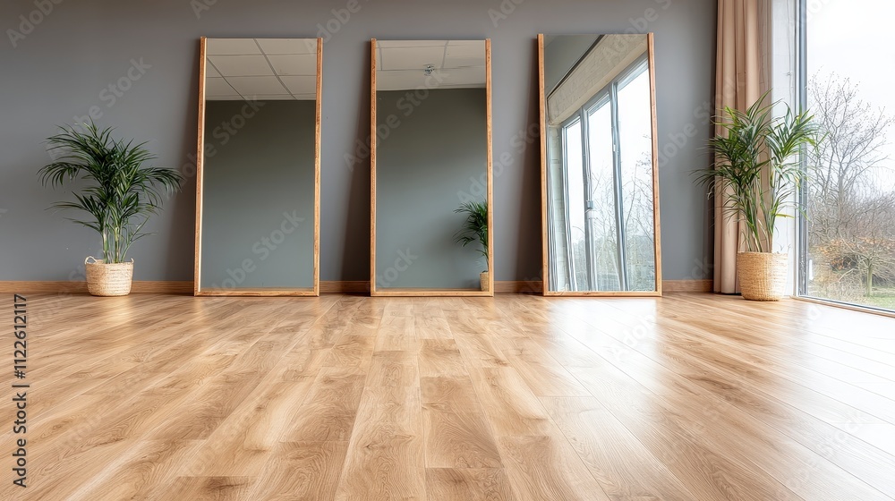 Obraz premium Modern Room Interior Three Mirrors Wood Floor Plants Grey Walls