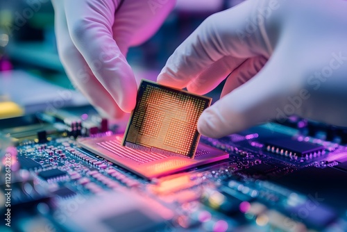 The process of making chips in a microchip factory, with workers wearing white gloves and carefully cleaning chip sheets by hand to create high-quality chips for products such as smartphones and table photo